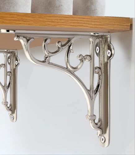 Image of GHAR DWAR Metal Handcrafted Shelf Bracket for Floating Shelves L Angle Decorative L Shaped Corner Brace Joint Heavy Duty Wall Mounted Shelf Supporter Brace Holder (Silver, Pack of 2)