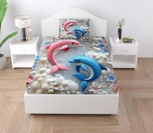 Image of Digital Printed Heavy Quality Glace Cotton 7D Bedsheet for Single Bed, 60 inch x 90 inch Flat Bedsheet with 1 Matching Pillow Cover for Kids, 300 TC (Dolphin)
