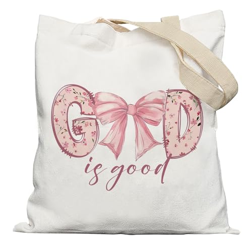 APJYM Sacola cristã God is Good, sacola de lona com laço rosa Coquette e versículo bíblico para mulheres, presentes cristãos para mulheres, presentes baseados na fé para mulheres, sacolas de compras