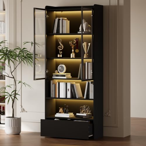 YEHTOKHOME Vitrine avec 2 Portes vitrées et LED (Noir-A)