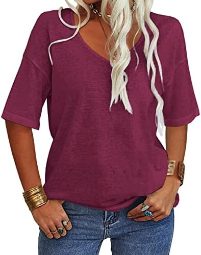 Tankaneo Women's V-Neck Short Sleeve Casual Summer Half Sleeve T-Shirt Amaranth XL