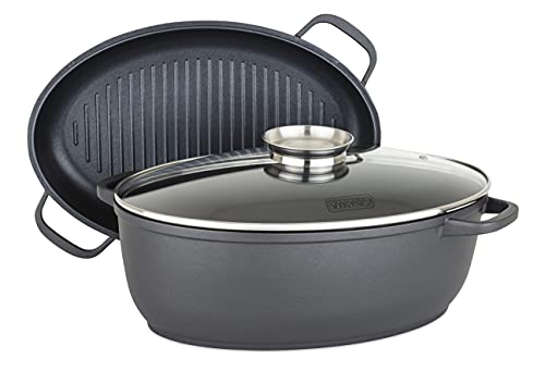 Viking Culinary 3-in-1 8.6 Qt Die Cast Oval Roaster with Glass Basting Lid, Gray