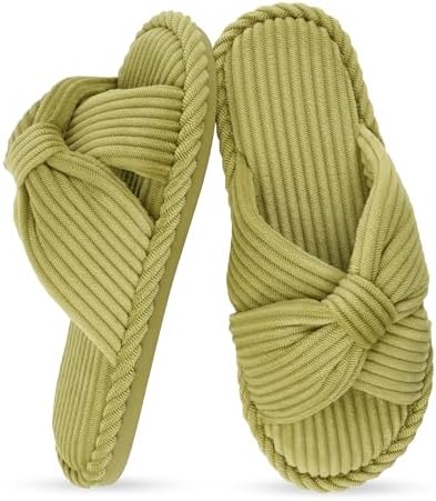 IPSAE House Slippers for Woman Memory Foam Open Toe Slippers Corduroy Cross Bow Womens Slipper Slides Comfy Indoor Bedroom Slip On Shoes