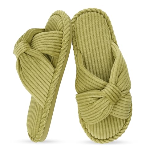 Image of IPSAE House Slippers for Woman Memory Foam Open Toe Slippers Corduroy Cross Bow Womens Slipper Slides Comfy Indoor Bedroom Slip On Shoes