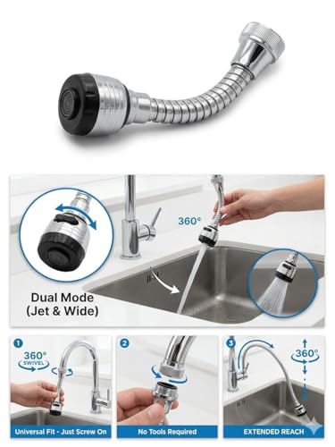 Image of Turbo Flex 360 Flexible Faucet Sprayer - 360 Rotating Kitchen Sink Attachment with Dual Spray Modes (Jet & Wide), Stainless Steel Chrome Finish, Universal Fit (Silver)
