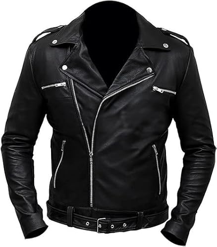 Vintagearc Men’s Biker Jeffrey Dean Negan Walking Dead Cosplay Slim Asymmetric Belted Motorcycle Leather Jacket (4XL, LEATEHR)