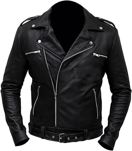 Men’s Biker Jeffrey Dean Negan Walking Dead Cosplay Slim Asymmetric Belted Motorcycle Leather Jacket