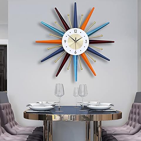 Hengqiyuan Large Wall Clock for Living Room Decor, Mid-Century Starburst Clocks, Modern Silent Round Sunburst Clock, Wall Decoration Big Timepiece for Home, Interior, Office,M Cover