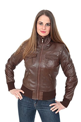 Blouson bomber court ajusté femme veste cuir véritable marron zippée
