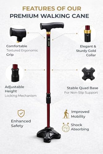 Image of 4-Leg Medical Walking Aid for Old People Adjustable Height Heavy Duty Lightweight Walking Stick for Senior Citizens & Patients Anti-Slip Base High Mild Steel (Rose Gold)