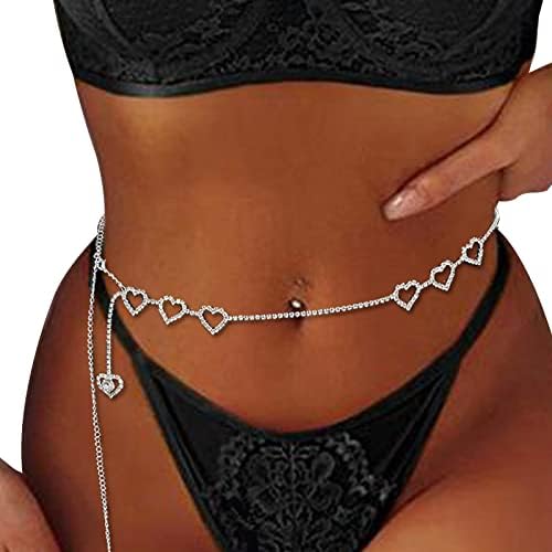 Sexy Rhinestone Heart Waist Chain Beach Crystal Body Chains Belt Rhinestone Belly Chain Sexy Waist Chain Bikini Body Chain Jewelry for Women (Silver)