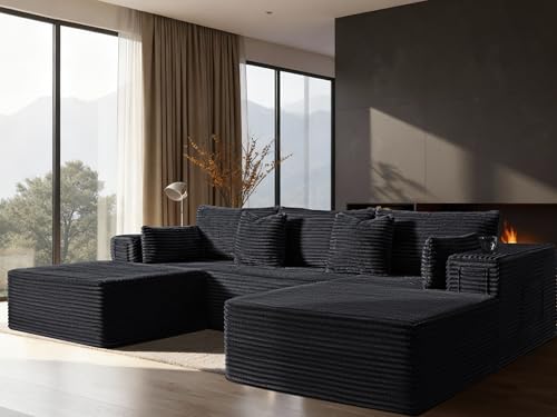 Image of 108 inch Oversized Cloud Sectional Couch, Comfort U Shaped Boneless Couch for Living Room, Extra Deep Seats No Assembly, Modular Sofa, Corduroy (Black, Right Facing Chaise+2 Seater+Ottoman)