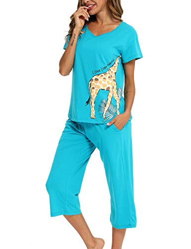 Enjoynight Women's Sleepwear Tops With Capri Pants Pajama Sets(3X-Large,Blue Giraffe) #TOP3