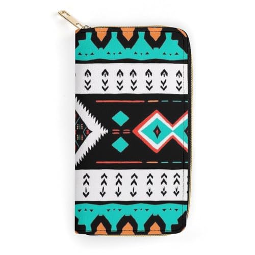 Women's Travel Zipper Purse Fashion Design, Huge Storage Capacity Purse, Cute Decor Wallet, Long PU Wallet Ethnic Aztec Geometric Indiana Western Southwest Pattern