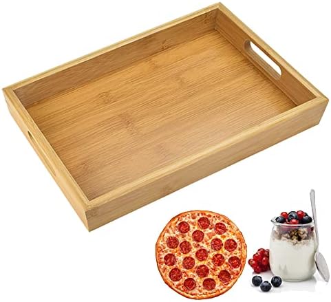 DECARETA Wooden Serving Tray Platter Board,Rectangle Bamboo Wooden Tray with 2 Handles,39 *26*4CM Wooden Serving Platter,Rectangular Wood Trays Kitchen Nesting Trays for Breakfast Dinner Tea Dessert