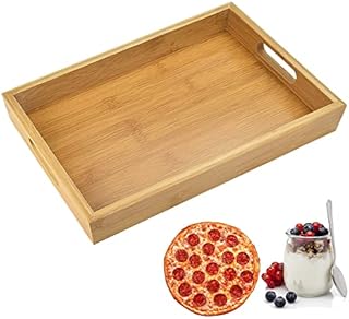 DECARETA Wooden Serving Tray Platter Board,Rectangle Bamboo Wooden Tray with 2 Handles,39 *26*4CM Wooden Serving Platter,Rectangular Wood Trays Kitchen Nesting Trays for Breakfast Dinner Tea Dessert