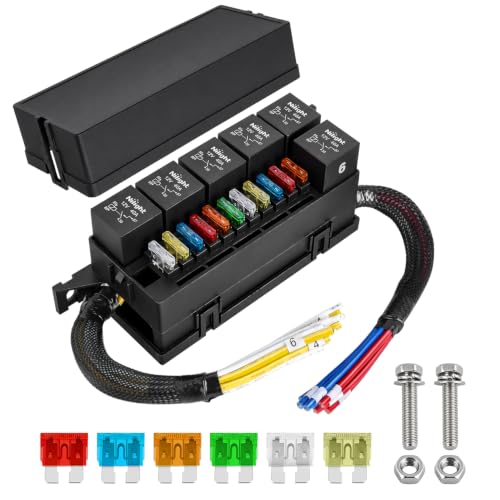 Image of Nilight 12V Fuse Relay Box 6 Relays 4pin 40A 11 Fuses Pre-Wired Block Kit | 11-Way ATC /ATO Blade Fuses Holder 12AWG Pre-Wired Relay Box Universal for Automotive Car Truck Camper Boat