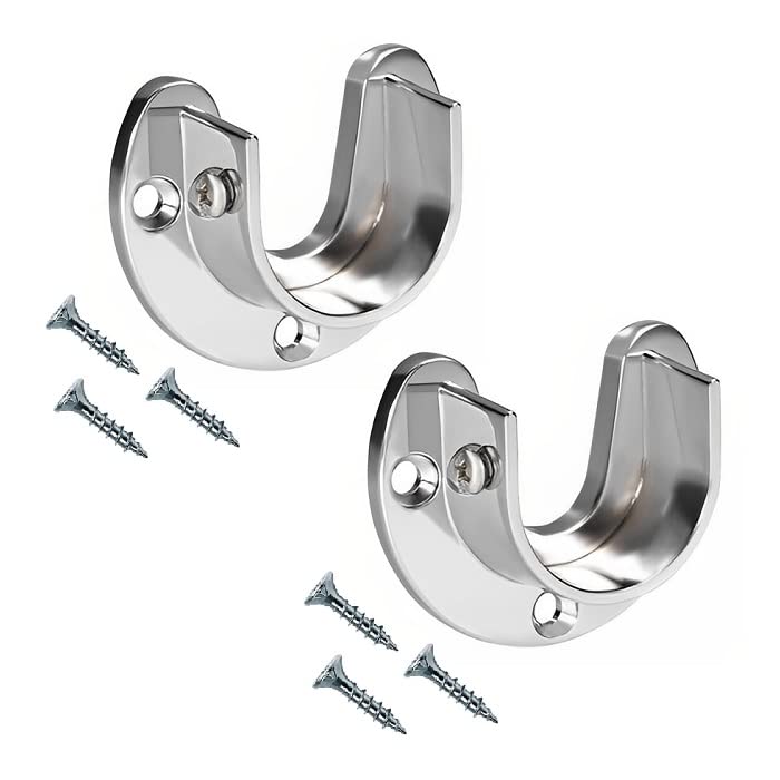 TERF® Heavy Duty Polished Chrome Curtain Wardrobe Rod Pole Rail U-Shape Socket with Holding Screw for Up to 25mm Diameter Curtain Rail Wall Mount Rod Pole Holder U-Shape Socket with Fixing