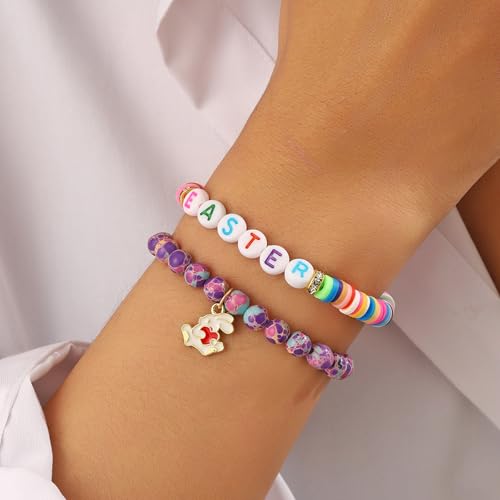 Image of Smilelife Easter Gifts for Teen Girls & Women - Bunny Beaded Bracelet Set - Perfect Easter basket stuffers (Emperor Stone)