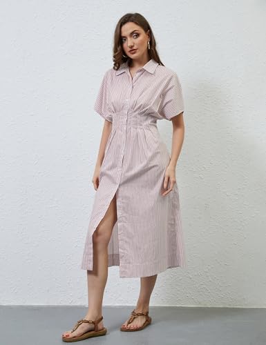 Image of MSBESYOR Women Button Front Pleated Shirt Maxi Dress Summer Striped Prints Short Sleeve Collar Casual Long Dresses