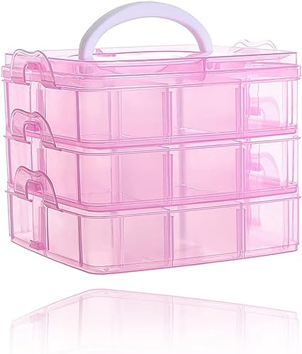 GaxQuly 3 Layer-18 Grid Transparent Plastic Organizer Jewelry Craft Accessories Storage Box/Basket/Container (Pink)