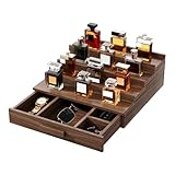 Gernshe Solid Walnut Cologne Organizer for Men,Cologne Stand,4 Tier Wooden Cologne Holder Shelf Display,Perfume Stand Organizer with Drawer Storage and Hidden Compartment,Gift for Men Dad Husband