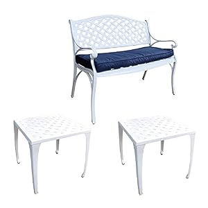 Lazy Susan Lazy Susan 2 x Willow 45 cm quadratischer Beistelltisch mit Jasmine Bank, Sandguss-Aluminium, wartungsfrei, wetterfest, pflegeleicht, Weiß (Kissen in der Farbe Blau)