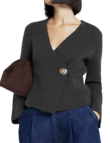 Image of Anoumcy Asymmetric Button Up Cardigans Sweaters for Women Elegant V Neck Knit Cropped Sweater Tops 2024 Fall Outfits Trendy