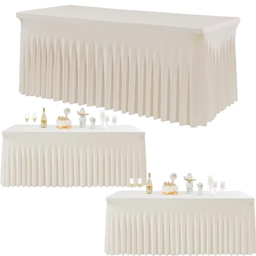 Image of 3 pk Spandex Ivory Table Clothes for 6 Foot Rectangle Tables, Stretch Table Cloths 6 ft Fitted Table Cover Desk Skirt for Parties Weddings Birthday Banquet Baby Shower