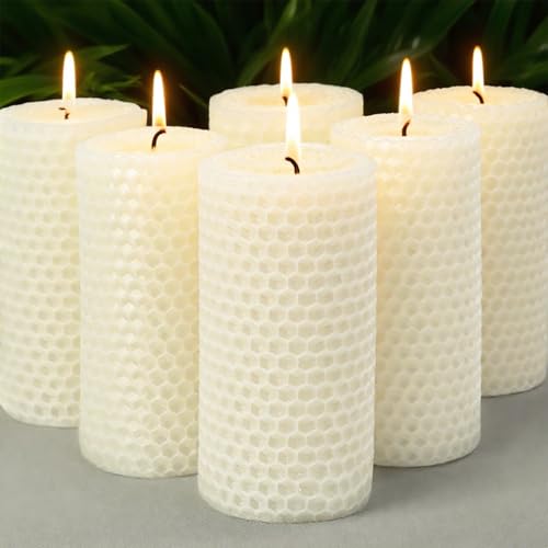 6 Packs White Beeswax Candles, Hand-Rolled Beeswax Pillar Candles, Smokeless