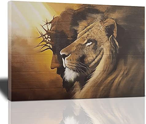 Jesus and Lion Canvas Wall Art Christian Gifts for men Jesus Pictures for Wall Lion and God Wall Decor Lion of Judah Poster Religious Painting Framed Artwork for Bedroom Living Room Church 16X12 inch