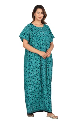 Image of Kuruti B Sheets Cotton Nighty for Women Jaipuri Print 2 Button Round Neck Short Sleeve Night Gown | Maxi Dress