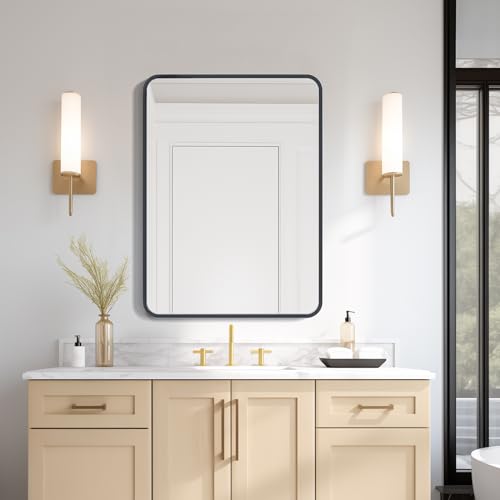 Image of USHOWER Black Bathroom Mirror for Over Sink 22 x 30 Inch, Matte Black Rectangle Mirror for Wall, Rounded Metal Frame Vanity Mirror