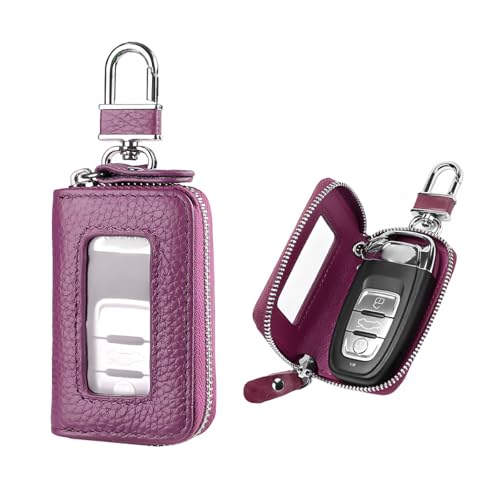 Gasedin Car Key Fob Case, Smart Key Fob Cover with Metal Hook & Transparent Window, Remote Key Fob Case Holder Keyring Zipper Bag (Purple)