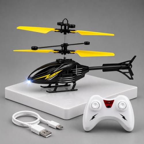 Image of KIDZYMON RC Helicopter with Hand Gravity Sensor, Flying Remote Control Helicopter Toy, Chargeble, 3D Light & Safety Sensor for Kids Age 4+ Years I Pack of 1 (Blsck Yellow)