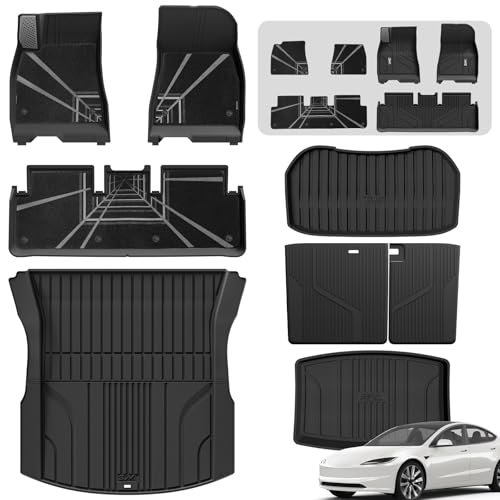 3W Tapis de Sol pour Tesla Model 3 Highland 2024-2025 2026 Ensemble Complet de 8, Premium Tapis Coffre Voiture en Thorex™ avec Moquette Supérieure, Antidérapant et Imperméable