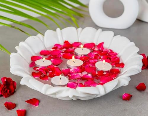 Image of Marble Urli Bowl for Decoration | Big Potpourri Decorative Bowls in Home decor | Large White Floating Flower Plates of Stone | Small Shape puja Item | (9 inch, Lotus Crest)