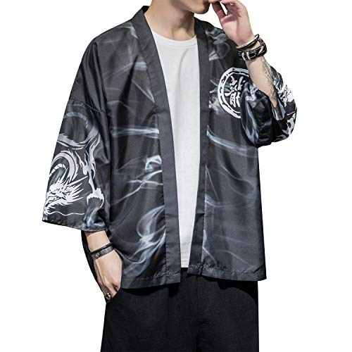 Image of Men's Japanese Kimono Robe Jacket Lightweight 3 /4 Sleeve Open Front Yukata | Silky Smooth Fashion Print Happi Coat Lightweight Breathable Loose Unisex Haori Casual Summer Cardigan Daily Beach Vacation