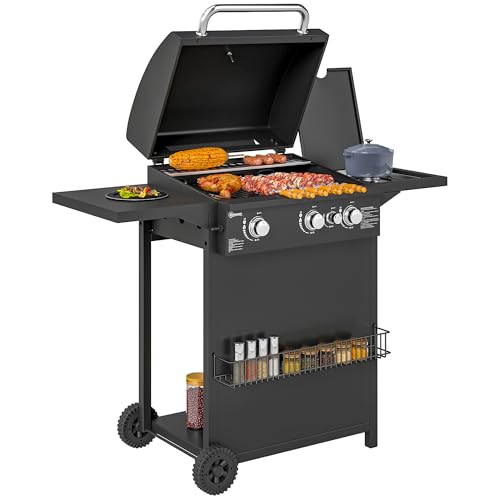 Outsunny Barbecue gaz 3+1 brûleurs en acier, puissance 9,5 kW, barbecue de jardin 2 grilles en chromé, étagères latérales, 2 roues, thermomètre,...