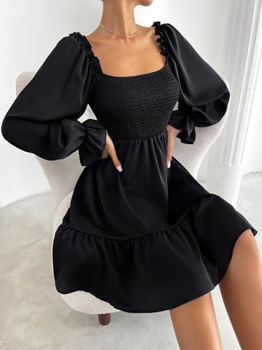 SKAYS Womens Beige Square Neck Mini Dress with Lantern Sleeves & Ruffle Hem4