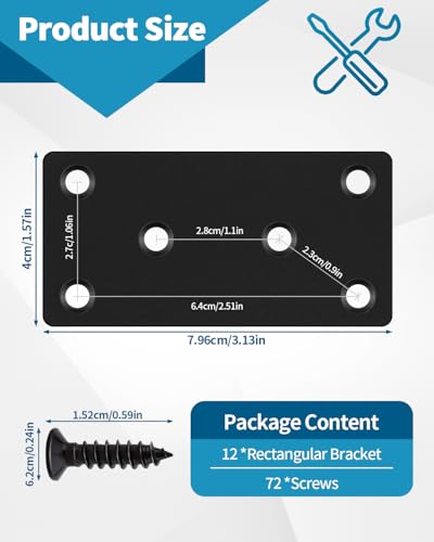 Image of 12 PCS 3.15'' x 1.57'' Stainless Straight Flat Brackets, Black Flat Metal Brace Bracket, Support Flat Metal Brace for Wood Furniture, Mending Plate Connector Joining Bracket for Fence,72 Screws