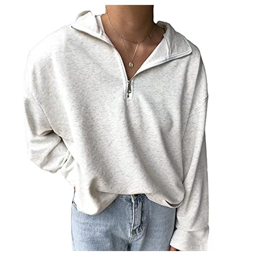 Womens Oversized Half Zip Lapel Sweatshirt Solid Color Casual Long Sleeve Cropped Pullover Top Lightgrey