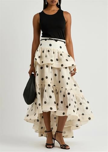 Wuitrie Polka Dot Long Skirt for Women 2025 Trendy Spring Summer Ruffle Irregular Medium Long Pleated Skirts3