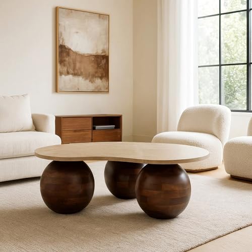 TUP THE URBAN PORT Resh Accent Coffee Table, Curved Natural Travertine Top, Round 3 Balls Wood Base