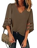 LookbookStore Women Vneck Mesh Panel Brown Work T Shirts for Women V Neck Casual 3/4 Flared Bell Sleeve Blouse Loose Business Office Blouse and Tops Size Medium
