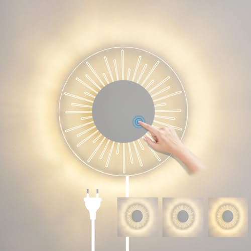 12W LED Innen Wandleuchte Mit Stecker Touch Control Wandlampe Dimmbar Schlafzimmer Nachttischlampe Modern Rund Leselicht Acryl Wandbeleuchtung F&uuml;r Wohnzimmer Bad Treppen Flur B&uuml;ro K&uuml;che Lampe (Wei&szlig;)