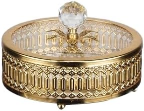 Hakan Footed Handmade Candy Dish Bowl with Glass Lid & Crystal Top, Handmade Stainless Metal Decorative Mirrored Round Sugar Cubes Serving Bowl for Gift Party Home Kitchen Table Wedding, 6.3”, Gold