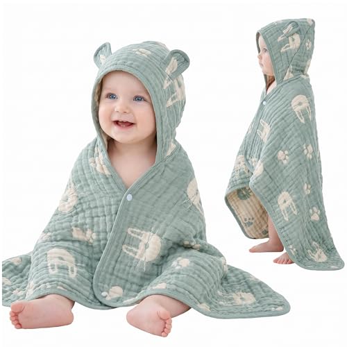 Image of Ultra-Soft Muslin Hooded Towel - 55 x 28 Inches, Made with Organic Cotton, Soft Sage Green Bunny Jacquard with Chest Snap, Ideal for Bath & Beach, for Kids Aged 0-3