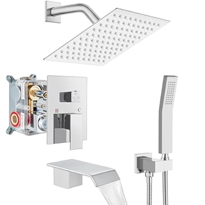 Cinwiny Shower System with Tub Spout Wall Mount Tub Shower Faucet Set Complete with Handheld Spray 3 Function Rough-In Valve Included,8 Inch Rainfall Shower Head,Polish Chrome