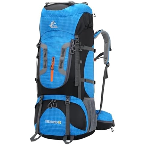 Bseash 80L Waterproof Hiking Camping Backpack with Rain Cover, Lightweight Outdoor Sport Travel Daypack for Climbing Touring (Blue) Cover